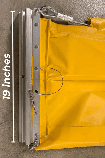 19-inch Oil Fence Boom with yellow PVC fabric, aluminum connector, top tension cable, and locking hardware for oil spill containment.