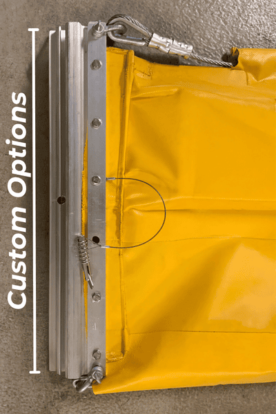 Custom size Oil Fence Boom with yellow containment fabric, aluminum connector, tension cable, and configurable boom heights for current, marina, port, coastline, and offshore oil spill applications.