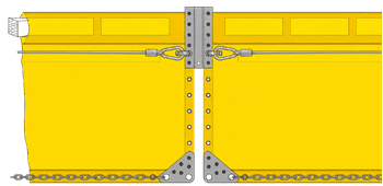 Type 3 Heavy-Duty HD Turbidity Curtain drawing showing a yellow floating sediment control barrier with reinforced center connection hardware, foam-filled flotation, tension cable, anchor attachment points, and bottom ballast chain.