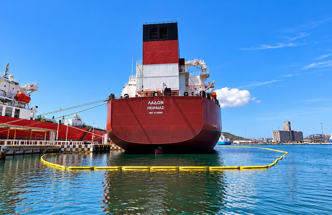Marine Fuel Spill Prevention with Floating Containment Boom | Enviro-USA™ Large commercial vessel docked in a harbor with a yellow floating containment boom deployed around the stern for fuel spill prevention and marine environmental protection.