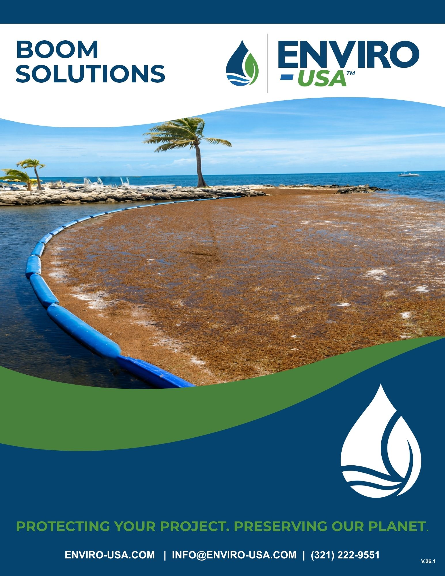 Enviro-USA™ Boom Solutions guide cover showing a blue floating Sargassum containment boom controlling a large accumulation of seaweed along a coastal shoreline.