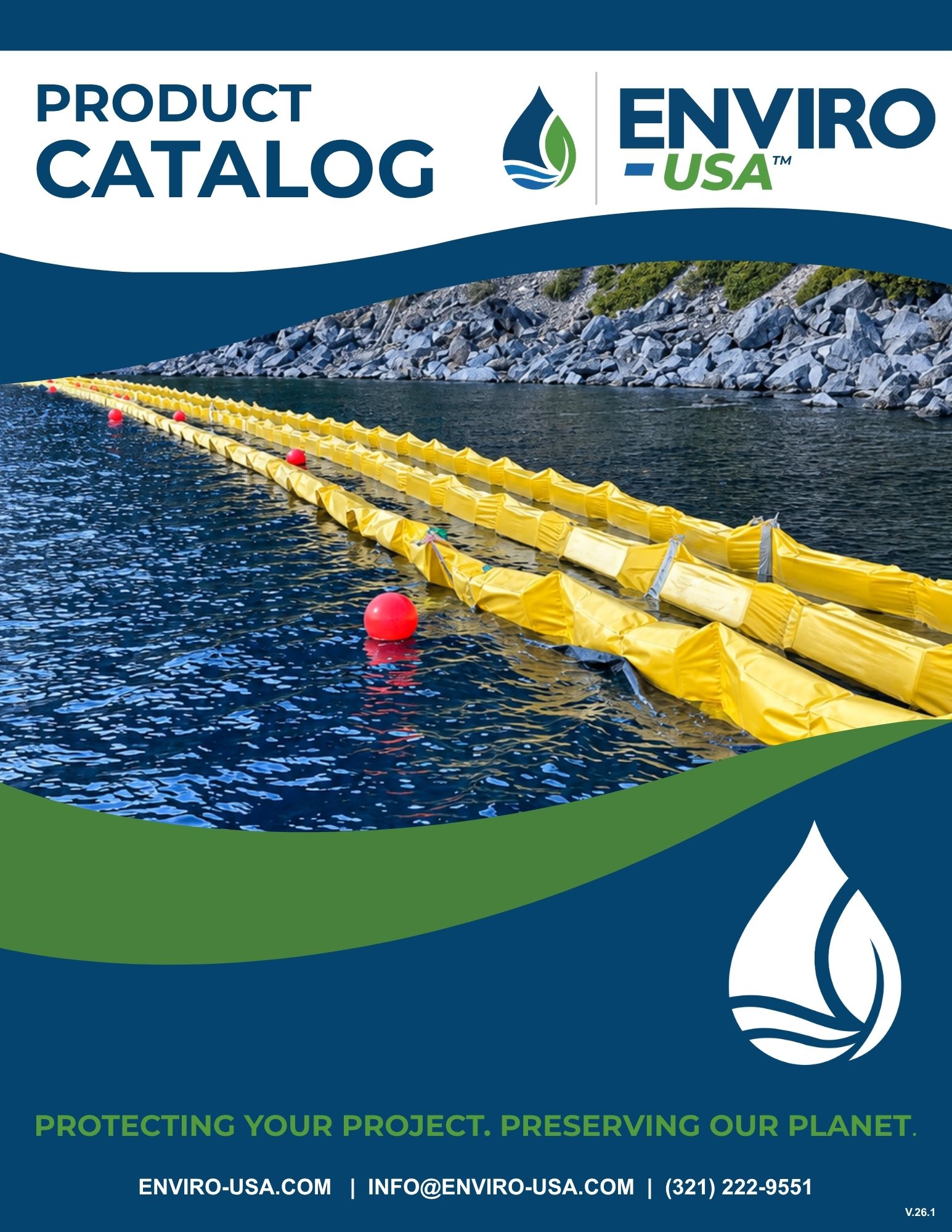 Enviro-USA™ product catalog cover featuring yellow turbidity curtains and marker buoys deployed in a waterway, representing marine containment, sediment control, stormwater, dewatering, erosion control, and environmental protection products.