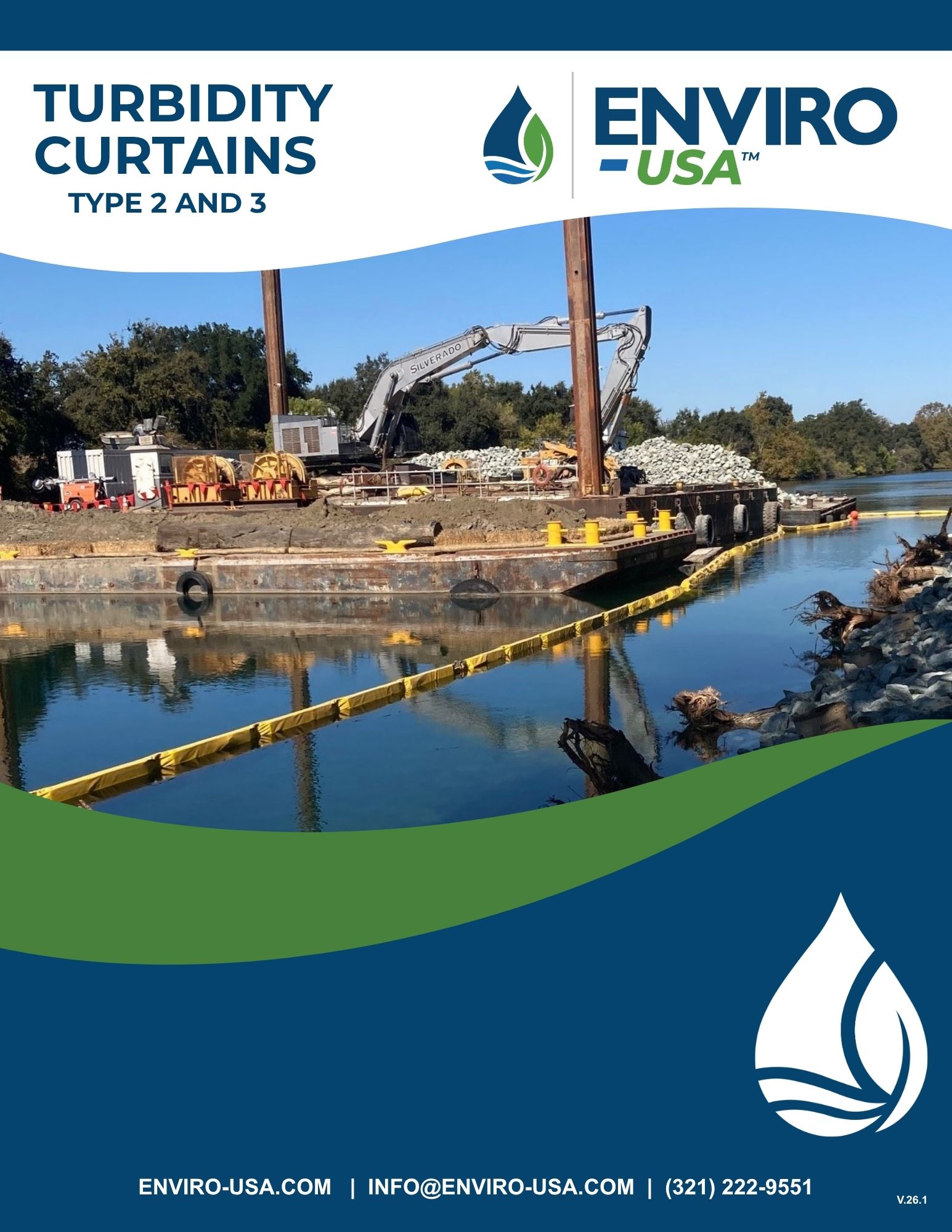 Enviro-USA™ Type 2 and Type 3 turbidity curtain guide cover showing a yellow floating sediment barrier installed around a marine construction and dredging work area.