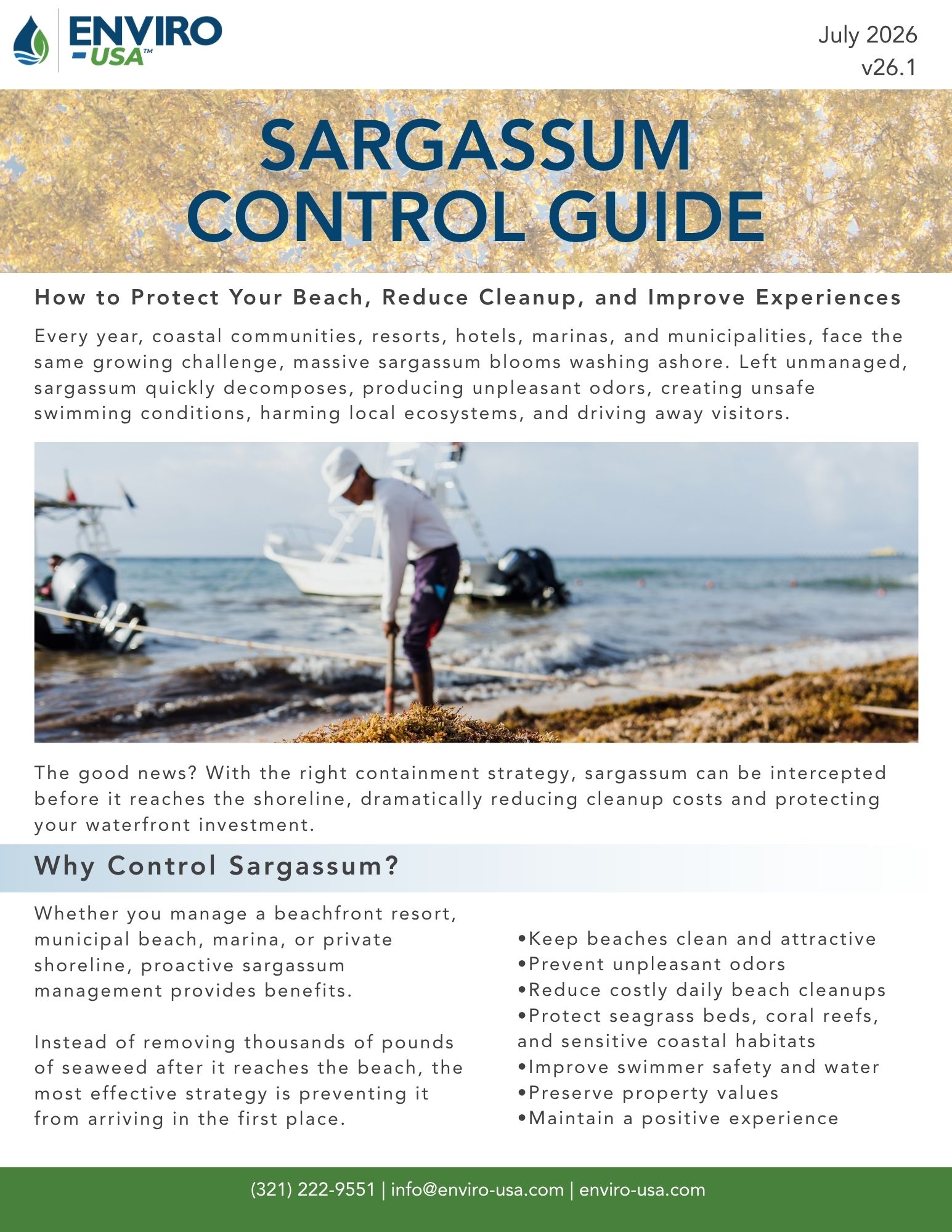 Enviro-USA™ Sargassum Control Guide cover explaining how seaweed containment booms help protect beaches, reduce cleanup costs, and manage recurring Sargassum before it reaches shore.