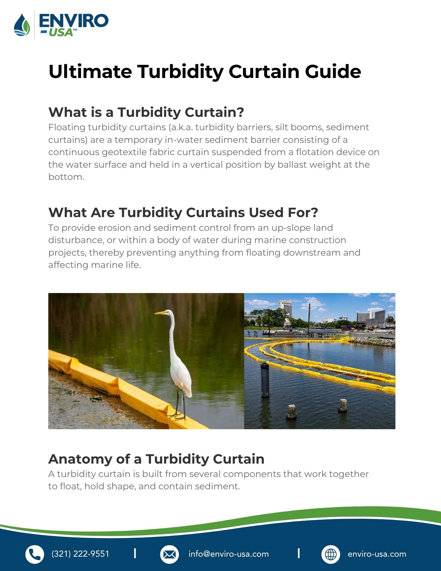 Enviro-USA™ Ultimate Turbidity Curtain Guide showing yellow floating sediment barriers used for erosion control, sediment containment, marine construction, and water quality protection.