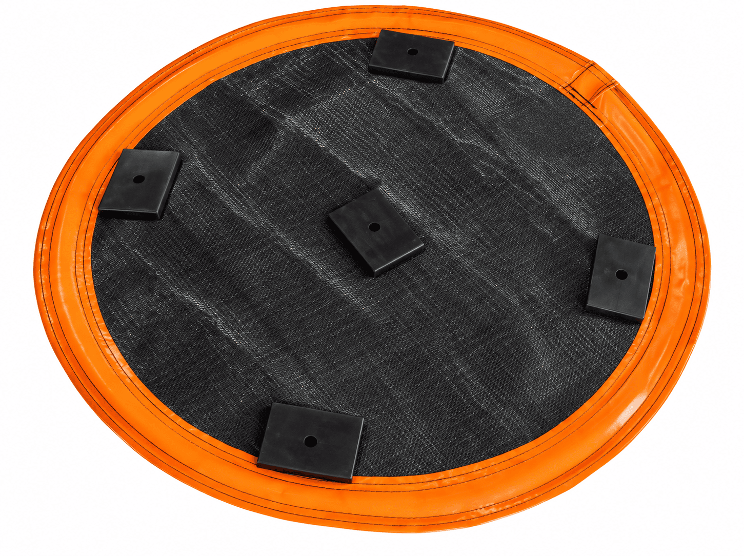 Round over-the-grate storm drain filter with black geotextile fabric and orange perimeter designed to capture sediment, debris, and pollutants from stormwater runoff.
