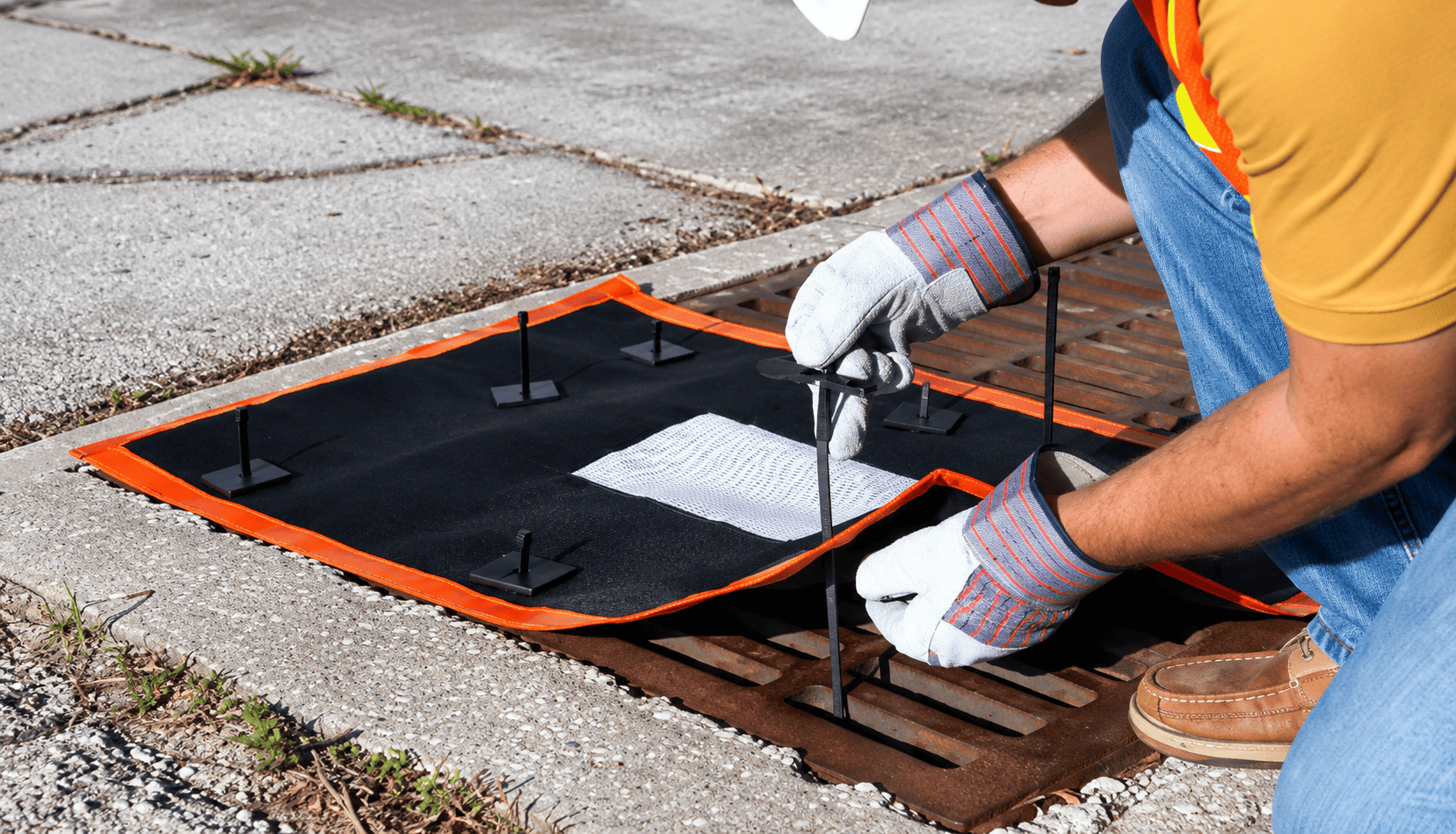 Installing Fasteners on Over-the-Grate Storm Drain Protection Worker securing an over-the-grate storm drain inlet protection filter with fasteners to keep the stormwater BMP in place over a catch basin.
