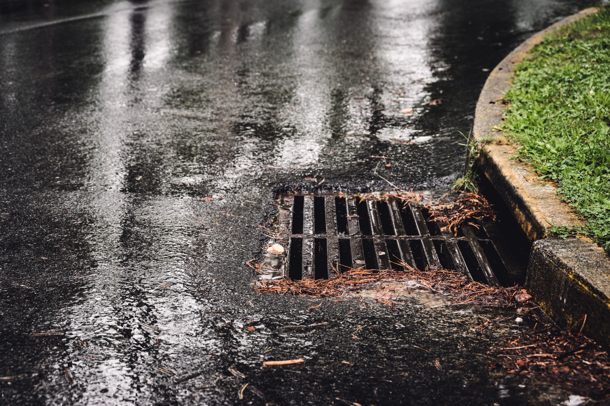 Stormwater Runoff Entering Curbside Drain – Inlet Protection BMP Stormwater runoff flowing into a curbside storm drain with leaves and debris around the inlet, highlighting the need for storm drain protection and sediment control BMPs.